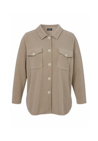 Beiges Hemd mit Knöpfen aus strukturiertem Stoff, mit Kragen, zwei Brusttaschen und weißen Knöpfen. Lockerer Schnitt mit langen Ärmeln.