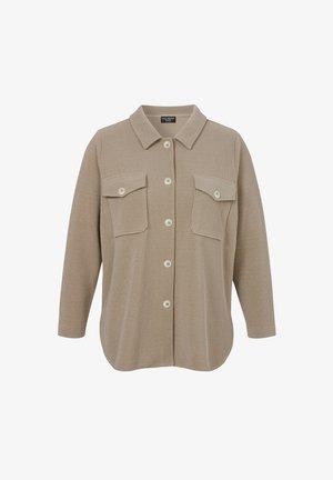 Beiges Hemd mit Knöpfen aus strukturiertem Stoff, mit Kragen, zwei Brusttaschen und weißen Knöpfen. Lockerer Schnitt mit langen Ärmeln.