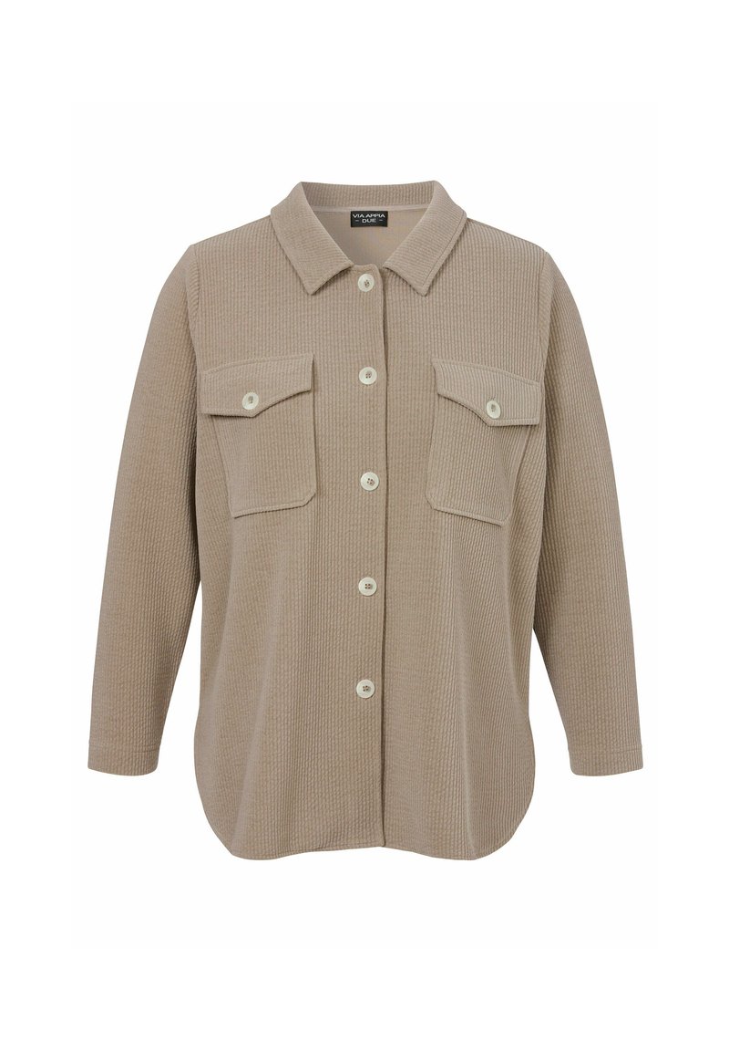 Beiges Hemd mit Knöpfen aus strukturiertem Stoff, mit Kragen, zwei Brusttaschen und weißen Knöpfen. Lockerer Schnitt mit langen Ärmeln.