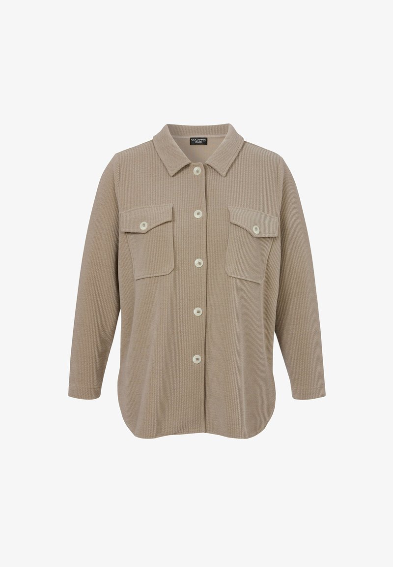 Beiges Hemd mit Knöpfen aus strukturiertem Stoff, mit Kragen, zwei Brusttaschen und weißen Knöpfen. Lockerer Schnitt mit langen Ärmeln.