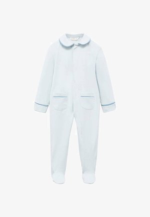 Robe de chambre bleu clair en tissu doux, avec un col rond, deux poches avant avec des bordures bleu clair et un design pied.