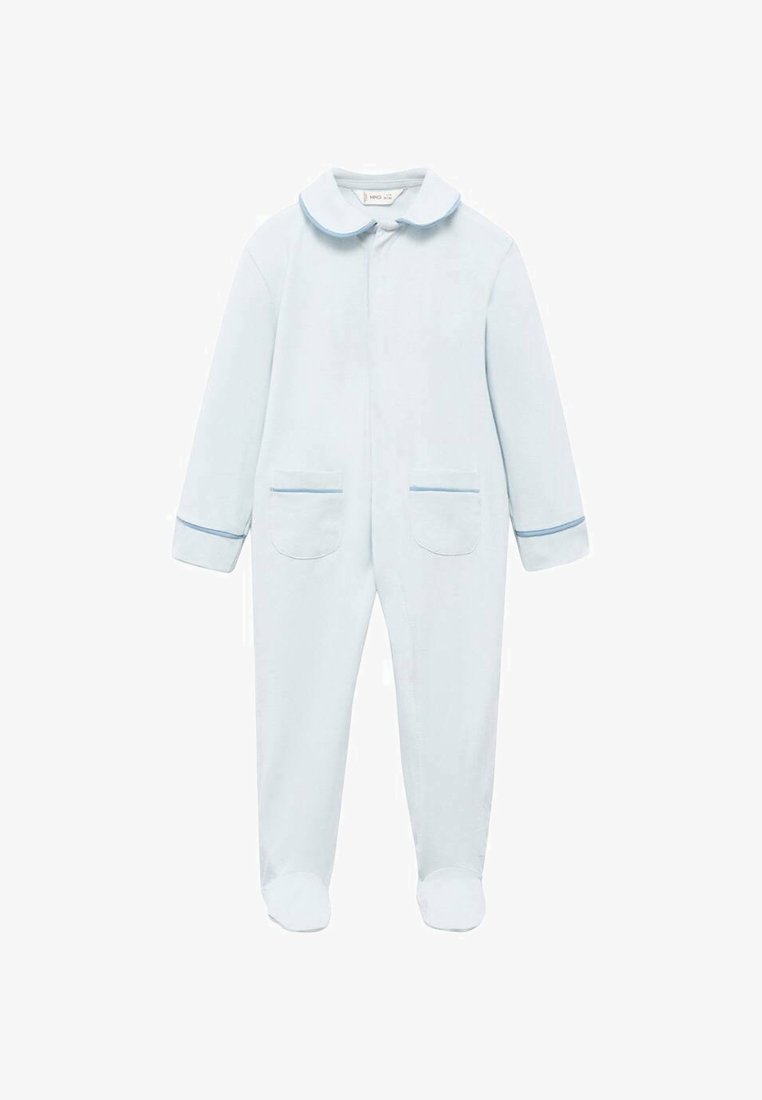 Robe de chambre bleu clair en tissu doux, avec un col rond, deux poches avant avec des bordures bleu clair et un design pied.