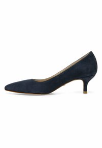 Escarpin en daim bleu marine pour femme avec bout pointu et petit talon kitten, présenté sur fond blanc.