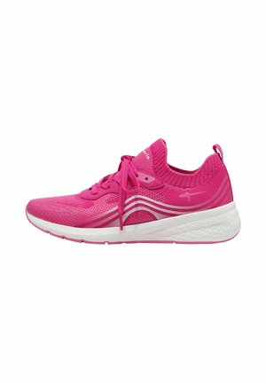 Rosa Sportschuh mit einem atmungsaktiven Mesh-Obermaterial, texturiertem Finish und weißer Sohle. Verfügt über tonal abgestimmte Schnürsenkel und einen unterstützenden Kragen.