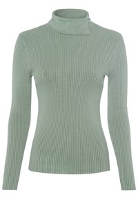 Ribbed turtleneck sweater in soft green. Slim fit with long sleeves and a folded collar. Smooth texture and lightweight fabric.