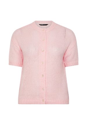 Lichtroze kort gebreid vest met korte mouwen, een ronde hals en een knoopsluiting aan de voorkant.