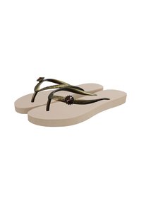 Klapki z beżową teksturowaną podeszwą, ciemnozielonymi paskami ozdobionymi dekoracyjnymi akcentami, zawierające błyszczące prostokątne i okrągłe kamienie szlachetne.