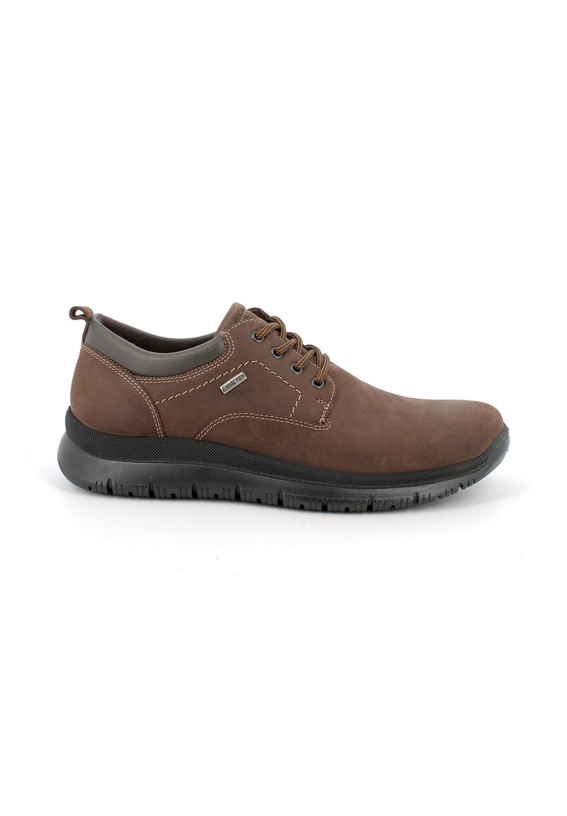 Scarpe casual in pelle marrone con punta rotonda, design con lacci, cuciture a contrasto e suola in gomma per trazione e durata.