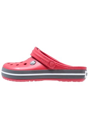 Red rubber clog with ventilation holes, a wide strap, and a gray and white striped bottom. Smooth texture with a glossy finish.