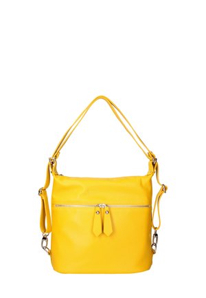 Borsa a tracolla in pelle gialla con superficie strutturata, dotata di una tasca frontale con zip e spallacci regolabili. Design leggero e compatto.