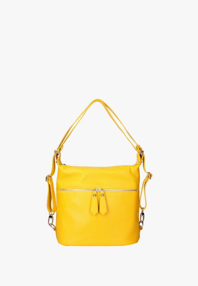 Borsa a tracolla in pelle gialla con superficie strutturata, dotata di una tasca frontale con zip e spallacci regolabili. Design leggero e compatto.