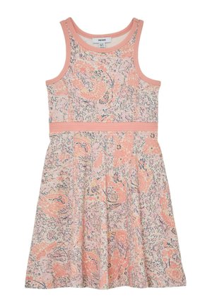 Dievčenské šaty bez rukávov s ružovými kvetinovými a abstraktnými vzormi, okrúhlym výstrihom, priliehavým pásom a mäkkým rebrovaným lemom.
