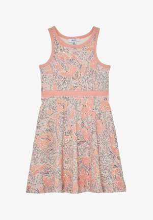 Vestido sin mangas para niña con estampados florales y abstractos en tonos rosas, cuello redondo, cintura entallada y ribete suave acanalado.