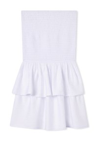 Abito bianco senza spalline con top smock e orlo a balze a strati. Realizzato in un tessuto leggero con una superficie testurizzata.