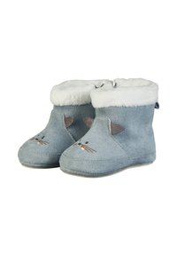 Weiche blaue Babystiefel mit weißen, flauschigen Bündchen, die bestickte Mausgesichter und kleine braune Ohren an den Vorderseiten haben.