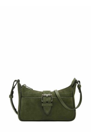 Green suede shoulder bag with leather accents, curved shape, buckle detail on the front, adjustable strap, and stitching along the edges.