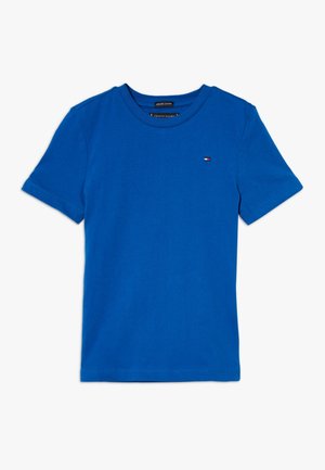 Königsblaues kurzärmeliges Baumwoll-T-Shirt mit Rundhalsausschnitt und kleinem rechteckigem Logo auf der linken Brust.