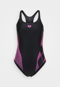 Maillot de bain noir avec des rayures diagonales roses et un logo, présentant un design dos nageur et une texture lisse.
