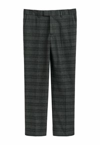 Grijze geruite broek met een maatwerk pasvorm. Heeft een subtiel ruitpatroon, rechte pijpen en riemlussen. Gemaakt van een lichte stof.