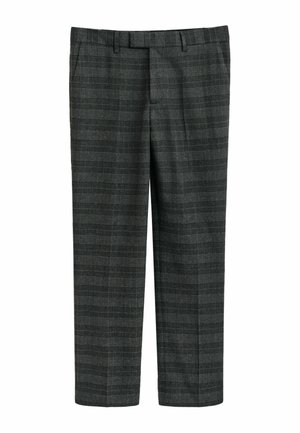 Pantaloni a quadri grigi con una vestibilità sartoriale. Presentano un motivo a scacchi discreto, gambe dritte e passanti per la cintura. Realizzati in un tessuto leggero.