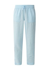 Lichtblauwe linnen broek met een elastische tailleband en verstelbaar trekkoord, voorzien van twee grote voorzakken en een tapered leg ontwerp.