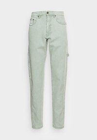 Light green denim pants with a straight cut, featuring side cargo pockets, distressed accents, and a classic button closure.