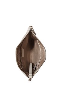 Borsa a sacchetto con zip in materiale sintetico beige chiaro, dotata di una fodera interna liscia, una tasca con zip e una tracolla removibile.