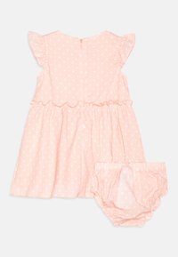 Jasnoróżowa sukienka w białe kropki, z falbanianymi rękawami i zamkiem błyskawicznym z tyłu. W zestawie majtki z elastycznym pasem. Miękka tkanina.