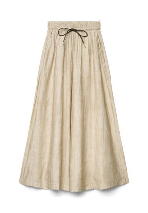 Beiger langer Rock mit geraffter Taille und schwarzem Kordelzug, mit leicht strukturiertem Stoff und A-Linien-Silhouette.