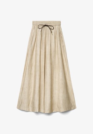 Beige long skirt with gathered waist and black drawstring tie, featuring a slightly textured fabric and A-line silhouette.