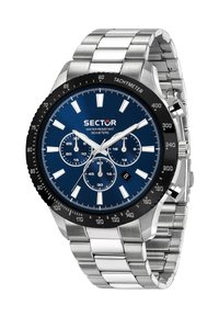 Orologio in acciaio inossidabile argentato con quadrante blu, lunetta tachimetrica nera, indicatori delle ore luminosi e tre sotto-quadranti. Resistente all'acqua fino a 50 metri.