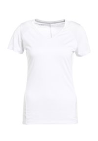 White athletic t-shirt with a V-neck, short sleeves, and ribbed texture on shoulders. Soft fabric with a fitted design and smooth finish.