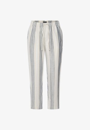 Pantalon beige clair avec des rayures verticales grises et blanches, taille élastique et cordon de serrage à l'avant.