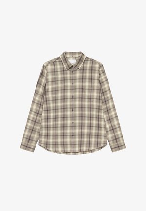 Μακρυμάνικη πουκάμισο με κουμπιά σε μπεζ και καφέ καρώ σχέδιο. Διαθέτει αιχμηρό γιακά, μπροστινά κουμπιά και μία τσέπη στο στήθος.