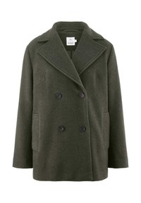 Olivgrüner, doppelreihiger Wollmantel mit großen Revers, zwei Fronttaschen und schwarzen Knöpfen, aus strukturierter Stoffqualität.