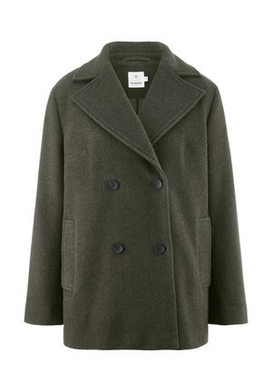 Olivgrüner, doppelreihiger Wollmantel mit großen Revers, zwei Fronttaschen und schwarzen Knöpfen, aus strukturierter Stoffqualität.