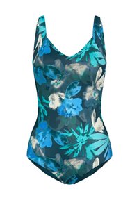 Einteiliger Badeanzug in Türkis mit floralem Muster in Blau-, Weiß- und Grüntönen. Er hat breite Träger und ein V-Ausschnitt-Design.