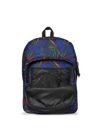 Sac à dos avec une base bleue ornée d'un motif de feuilles tropicales en vert et rouge, une poche frontale noire et une poignée supérieure pour le transport.
