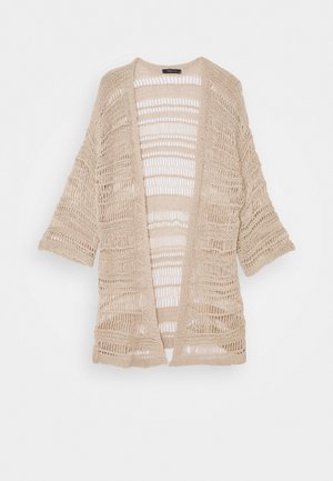 Beige åben-front strikket cardigan med løse, brede ærmer og et luftigt, åbent vævemønster over det hele.
