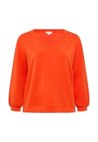 V-Ausschnitt-Pullover in leuchtendem Orange, aus weicherm Stoff gefertigt. Verfügt über lange, leicht puffige Ärmel und eine lässige Passform mit einer schlichten Textur.