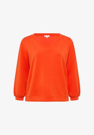 V-Ausschnitt-Pullover in leuchtendem Orange, aus weicherm Stoff gefertigt. Verfügt über lange, leicht puffige Ärmel und eine lässige Passform mit einer schlichten Textur.