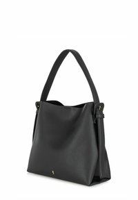 Czarna skórzana torba typu tote o gładkiej fakturze, luźnej sylwetce, regulowanym pasku i złotych detalach z przodu.