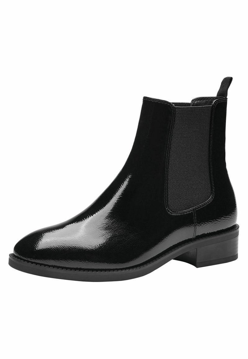 Bottines noires avec une finition laquée brillante, des panneaux latéraux élastiques et un petit talon carré. Présente une texture lisse et une silhouette épurée.