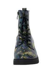 Bottines en cuir noir avec un motif floral coloré, fermeture éclair à l'avant et design à lacets. Elles sont dotées d'une semelle en caoutchouc robuste.