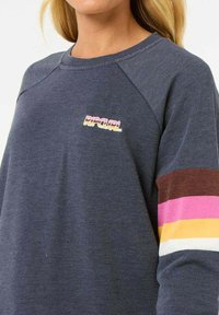 Marine sweatshirt met geribbelde ronde hals, raglanmouwen en meerkleurige gestreepte accenten in bruin, roze, geel en wit. "RipCurl" logo zichtbaar.