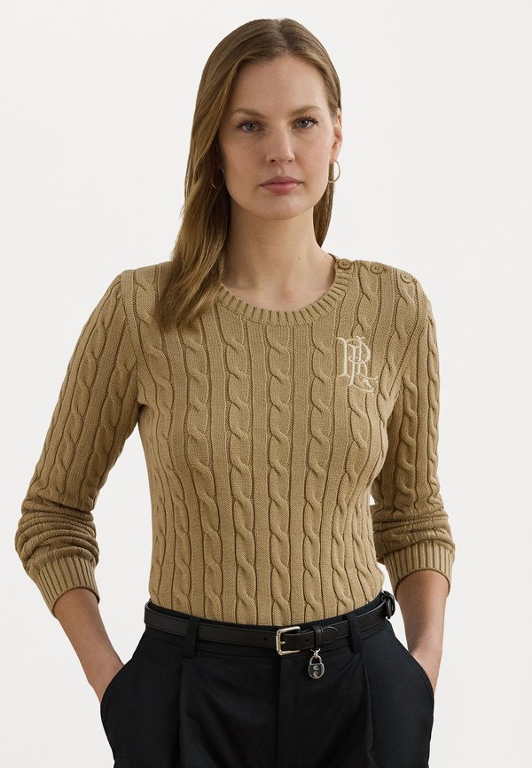 BUTTON TRIM CABLE KNIT COTTON JUMPER - Jumper - camel - Main Image