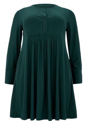 Donkergroene jurk met lange mouwen, ronde halslijn, voorste knoopsluiting en gathered taille, gemaakt van zachte, rekbare stof.
