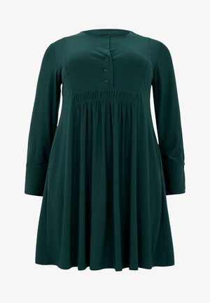 Dark green dress with long sleeves, rounded neckline, front button closure, and gathered waist, made of soft, stretchy fabric.