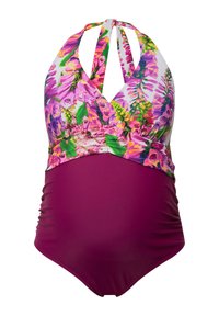 Květinové těhotenské plavky s designem za krk, živými fialovými a růžovými květinami a pevným vínovým spodním dílem se staženými boky.