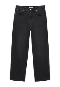 Jeans in denim nero con taglio a gamba larga, dotati di tasche frontali, passanti per cintura e chiusura con bottone. Texture liscia con finitura uniforme.